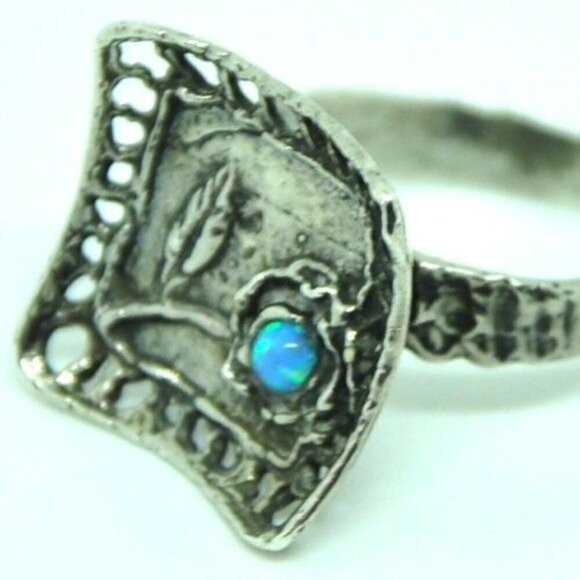 Artisan Sterling Silver Blue Opal Flower Ring – Hand Hammered, Size 7.5 - Picture 3 of 15